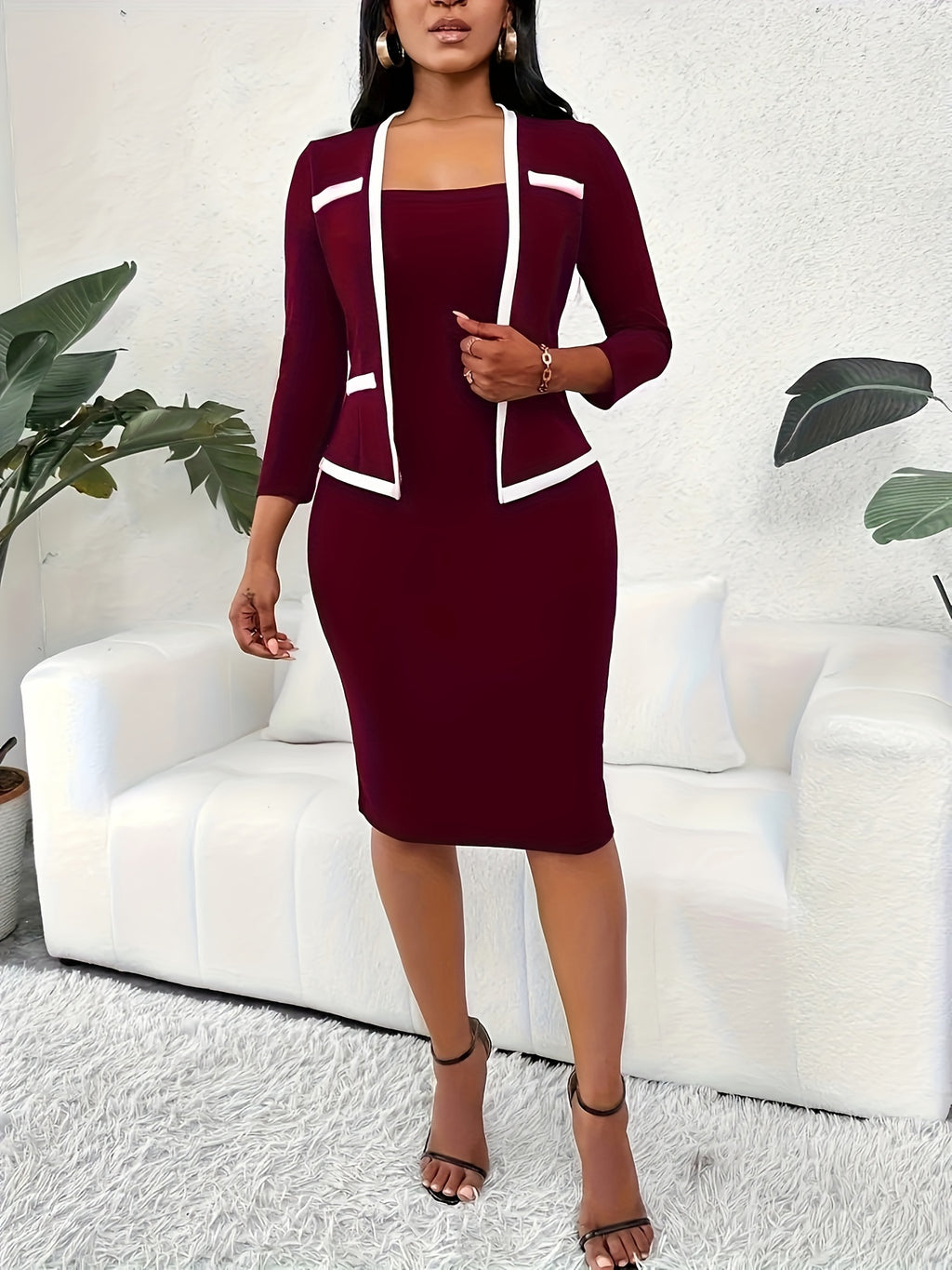 2-in-1 Bodycon Dress with Contrast Trim for Women - Long Sleeve Form-Fitting Burgundy Office Professional Elegant Dress, Smart Casual Work to Evening S-XXL