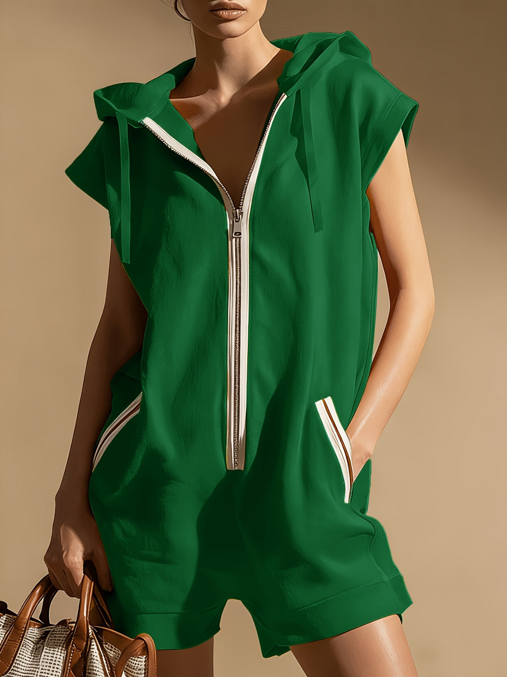 Women's Hooded Sweatshirt Sports Jumpsuit Solid Color Casual Athletic One Piece Hoodie Romper Activewear for Outings & Gym