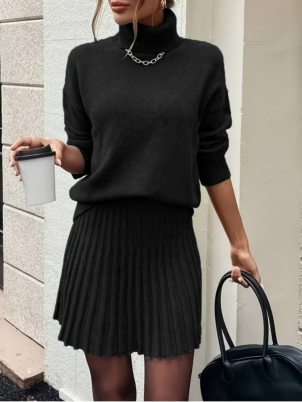 High-Neck Sweater Pleated Skirt Two-Piece Set Women Elegant Drop Shoulder Long Sleeve | Chic Knit Top + Pleated Skirt Co-Ord for Fall Winter Office & Daily Wear