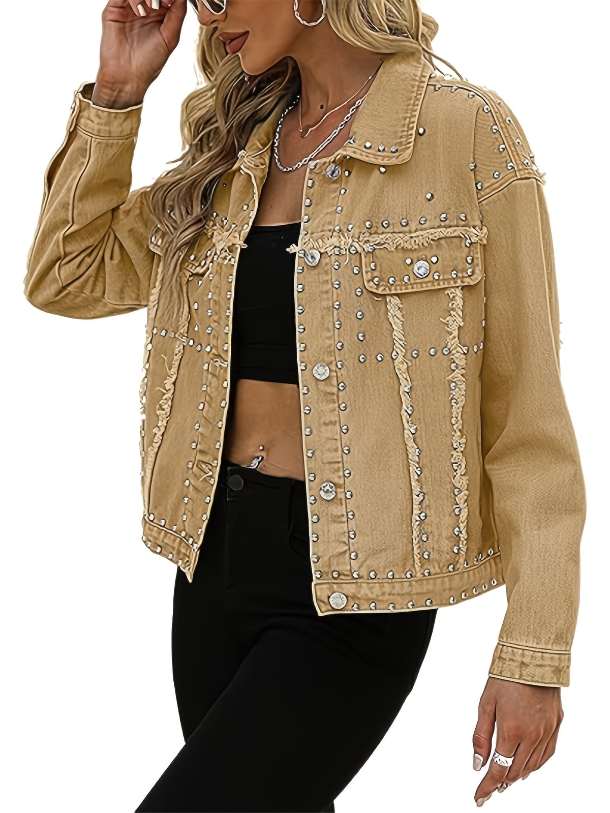 Women's Crop Fringe Denim Jacket Distressed Western Studded Black Trucker Jean Coat Silver Stud Long Sleeve Streetwear
