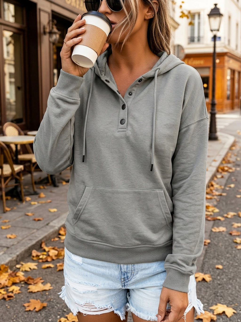 Women Oversized Button Hoodie Sweatshirt Long Sleeve Kangaroo Pocket Ribbed Cuff Casual Pullover Black Grey Burgundy Apricot S-XXL