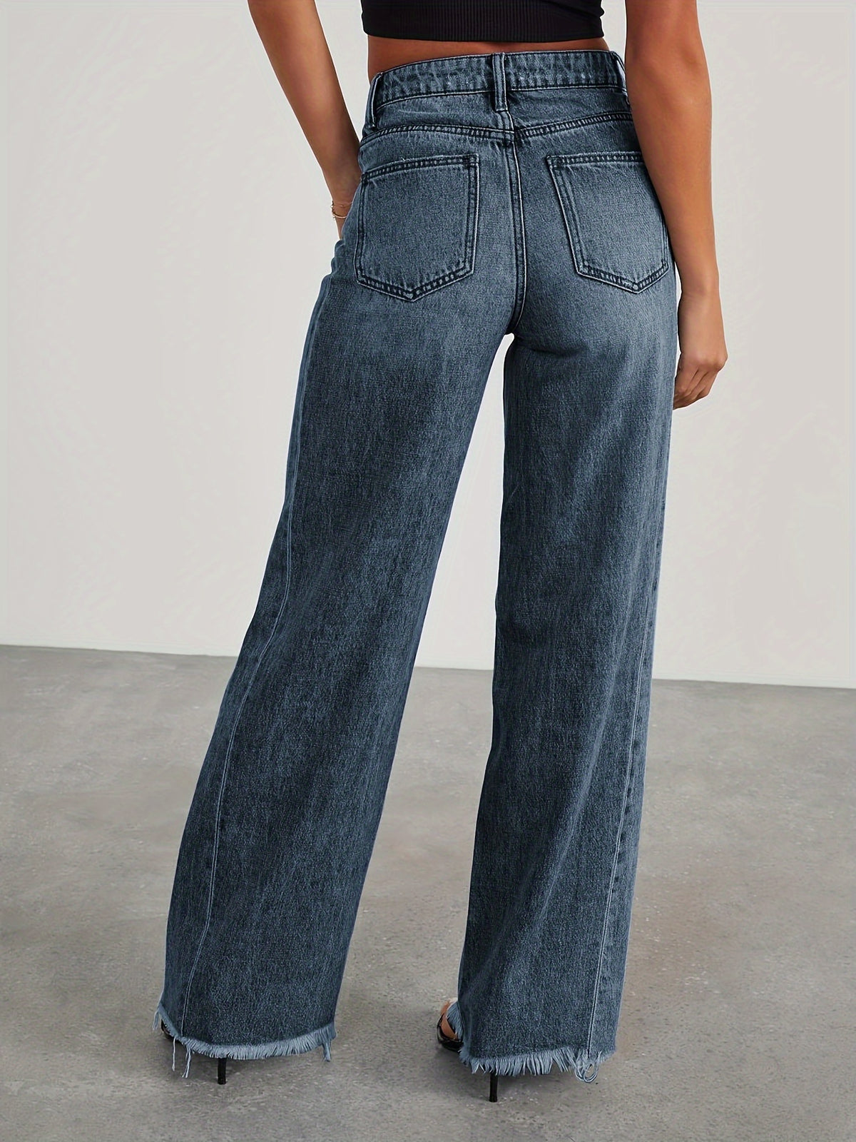High-Waisted Wide Leg Jeans for Women - Casual Baggy Stretch Denim Pants with Pockets, Relaxed Fit Solid Color Trousers for Everyday & Weekend Wear