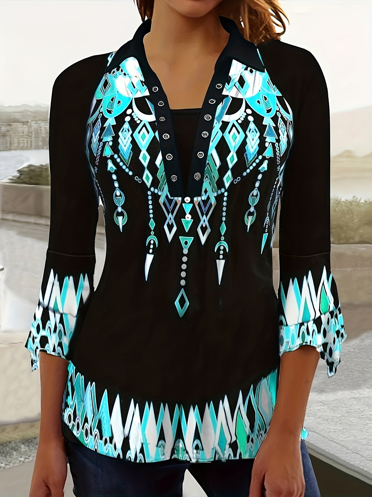 Green Printed Lapel Women Blouse Irregular Three Quarter Sleeve Button Top Casual Stretch Knit Spring Fall Shirt