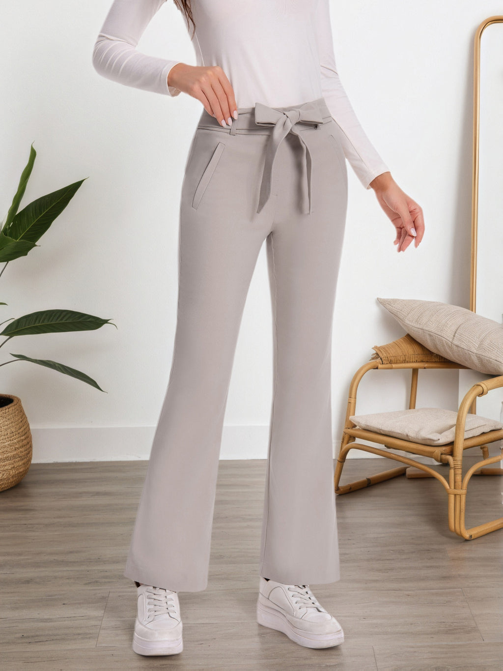 Plaid Flare Pants Women High Waist Tie Belt Slim Fit with Pockets Elegant Office Work Trousers Chic Tailored
