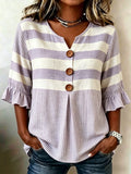 Striped V-Neck Blouse Women Ruffle 3/4 Sleeve Loose Fit Tunic Top Lightweight Linen Button Detail Summer Shirt S-2XL