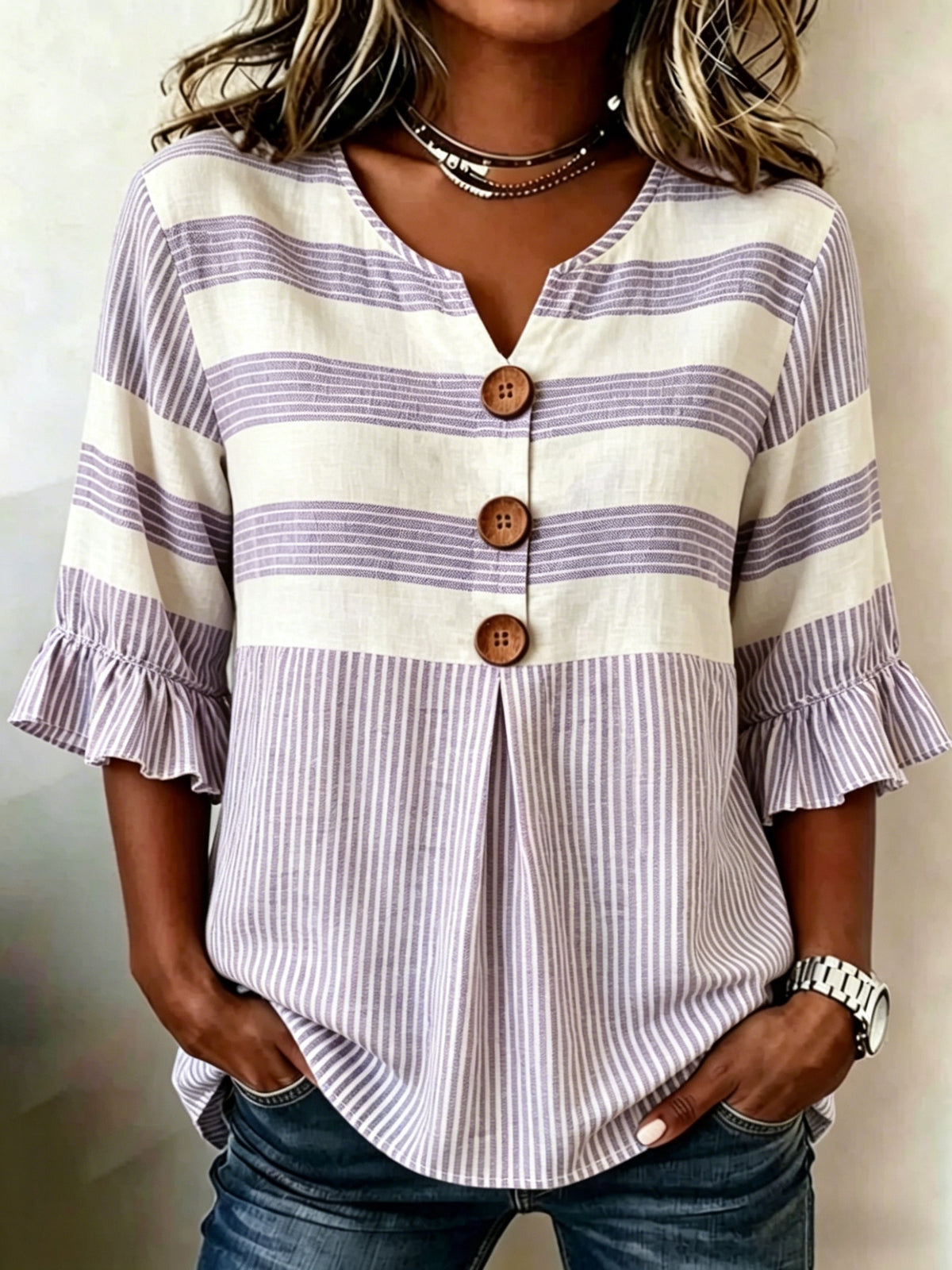Striped V-Neck Blouse Women Ruffle 3/4 Sleeve Loose Fit Tunic Top Lightweight Linen Button Detail Summer Shirt S-2XL