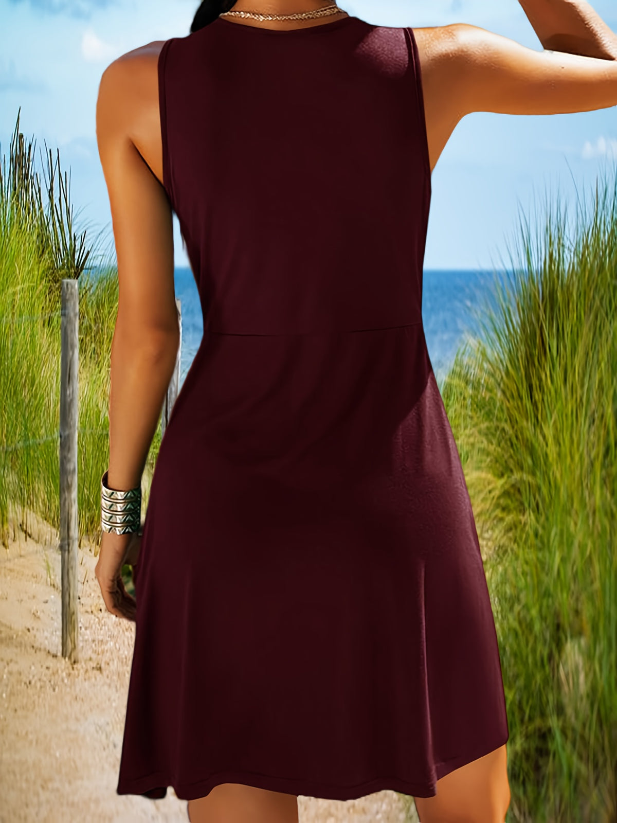 Solid Color V-Neck Knot Tank Dress Women Sleeveless A-Line Knee Length Knit Casual Summer Dress 12 Colors S-XXL