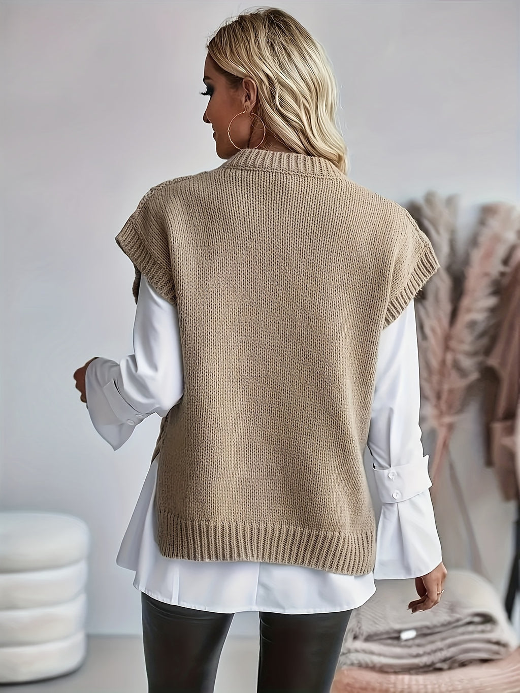 Cable Knit Sweater Vest Women Sleeveless Round Neck Slit Hem Solid Color Layering Top - Casual Semi-Formal Acrylic Knitwear Spring Summer Fall