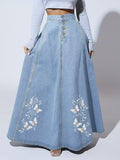 Floral Embroidered Denim Maxi Skirt Women Button Closure Long Jean Skirt Casual Formal All Season Solid Color High Quality 2025