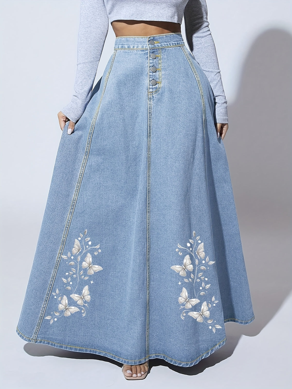 Floral Embroidered Denim Maxi Skirt Women Button Closure Long Jean Skirt Casual Formal All Season Solid Color High Quality 2025