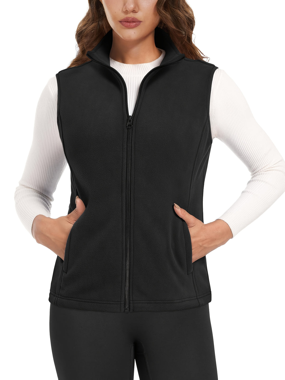 Women's Fleece Zip Vest Lightweight Warm Sleeveless Jacket Stand Collar 4 Pockets Windproof Outdoor Vest S-XXL