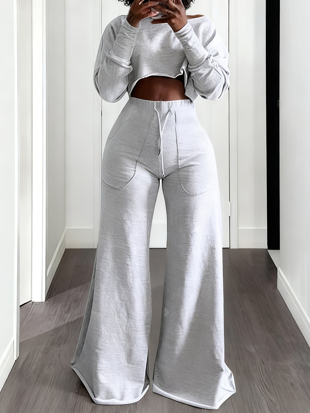 2pcs Lounge Set Women Cropped T-Shirt High Waist Sweatpants Drawstring Straight Leg Cozy Casual Fall Winter Matching Outfit