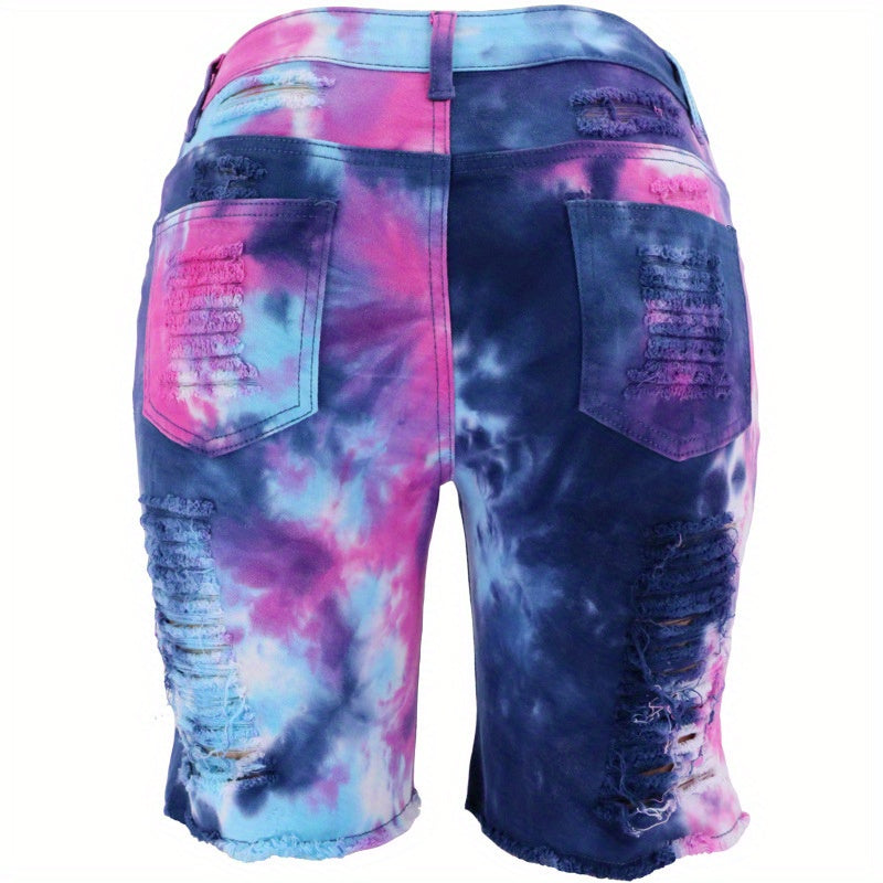 Ripped Denim Shorts Women Tie-Dye Distressed High Waist Mid Length Summer Edgy Trendy Jean Shorts Blue Pink Casual Streetwear Going Out