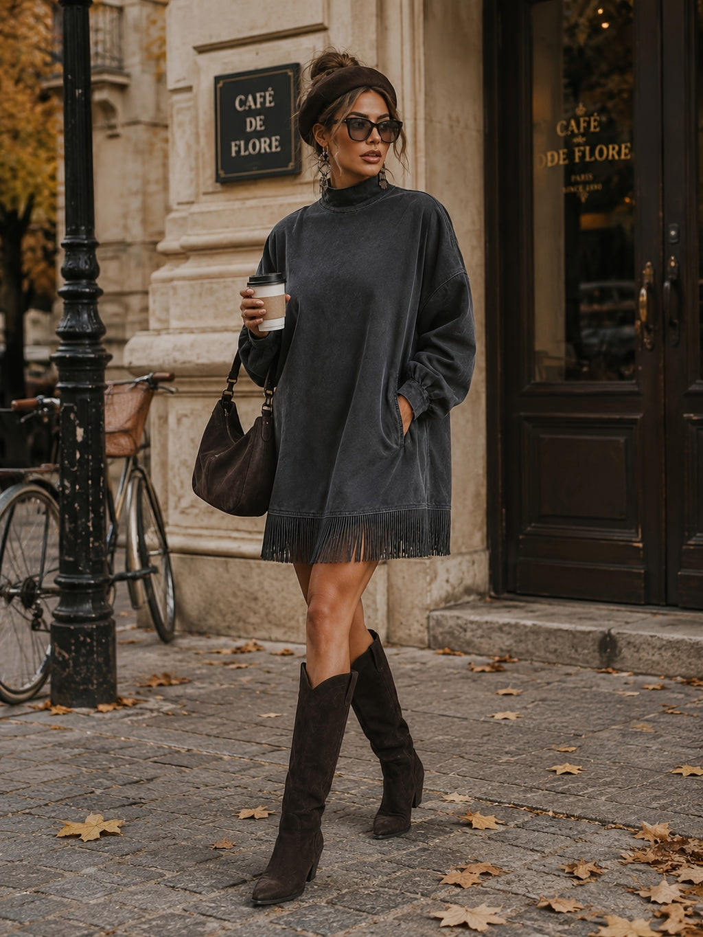 Fringed High Neck Long Sleeve Midi Dress Women | Retro Tassel Pleated Skirt | Loose Casual Dress XS-L
