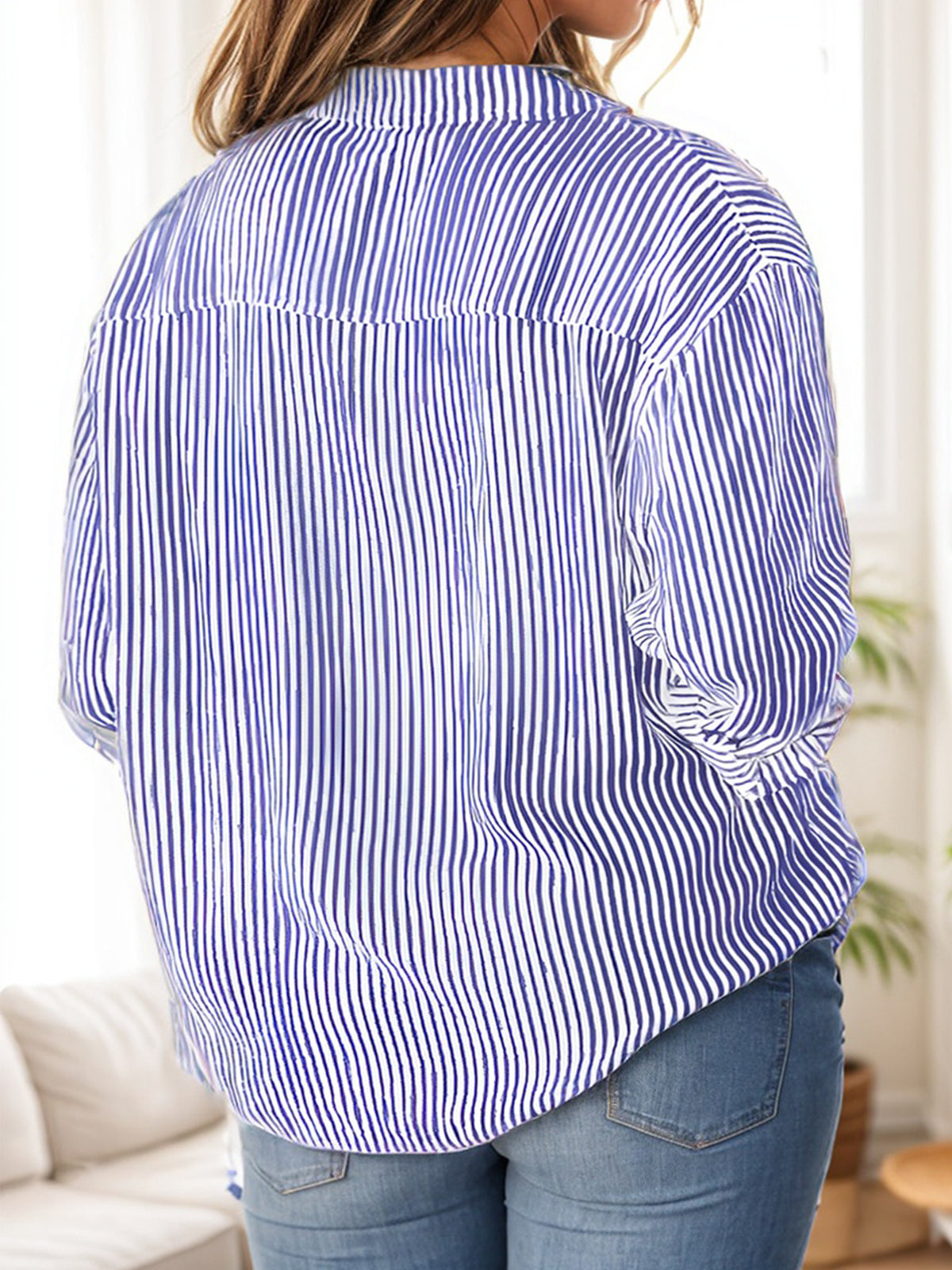 Striped Lapel Shirt Women Long Sleeve Multi-Color Office Work Blouse Chest Pocket Smart Casual Button-Up Professional Top