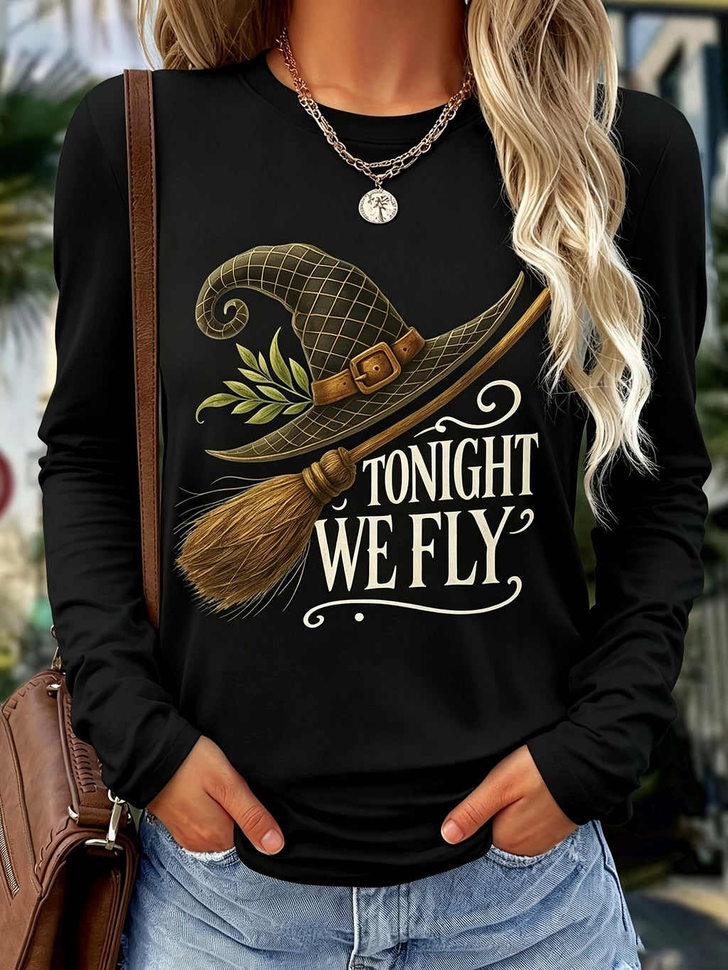 Halloween Witch Hat Print Long Sleeve T-Shirt for Women - Crew Neck Breathable Casual Graphic Tee Everyday Office Wear Fall Festive Top