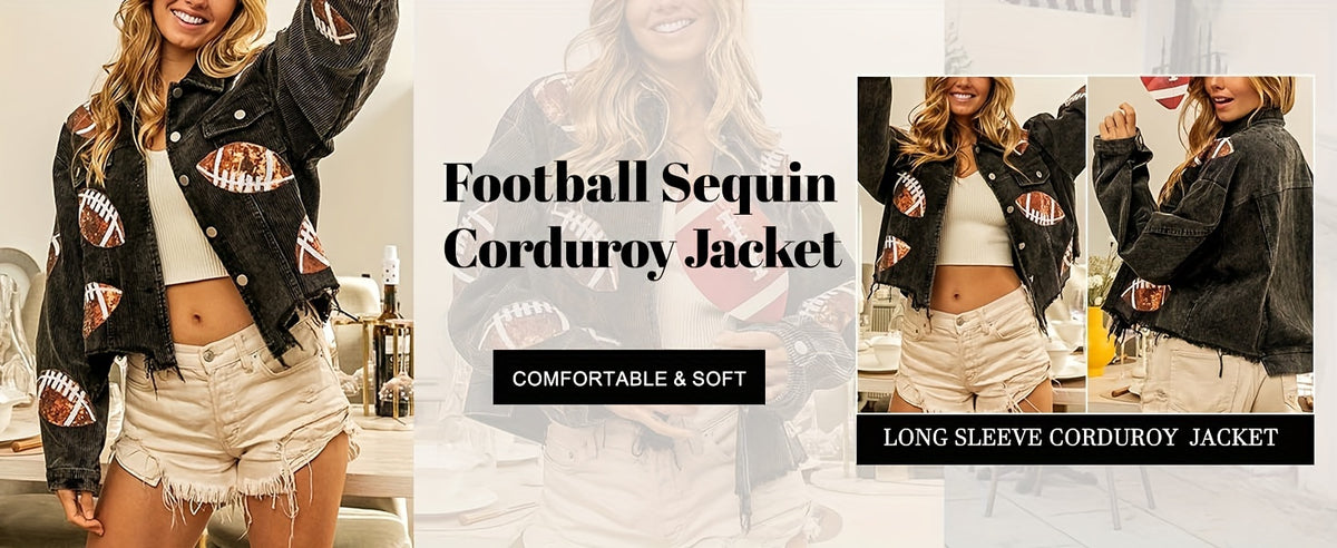 Football Sequin Cropped Corduroy Jacket Women Vintage Shacket Lapel Pockets Long Sleeve Game Day Campus Party Loose Fit