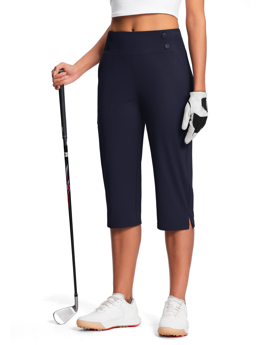 Dressy Stretch Capri Pants for Women High Waist – 18 Inch 82% Polyester 18% Spandex Knit, Elastic Waist Pockets Solid Color Work Casual Summer Spring Fall Comfortable Bottoms S-XXL