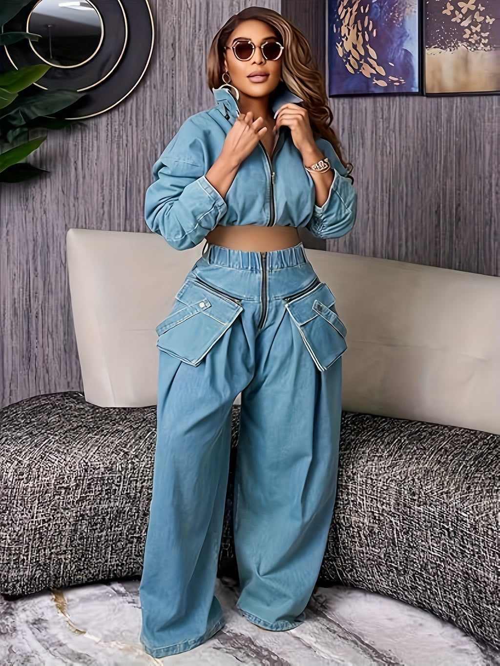 Denim 2-Piece Set Women Ruched Zip-Up Cropped Jean Jacket Wide Leg Pants Chic Matching Outfit Black Sky Blue S-XXL