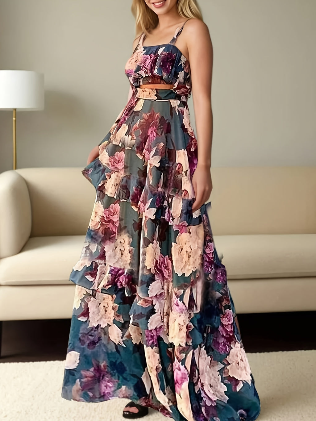 Boho Floral Print Halter Peplum Top and Cake Skirt 2pcs Set Women Beach Vacation Holiday Casual Spring Summer S-XXL