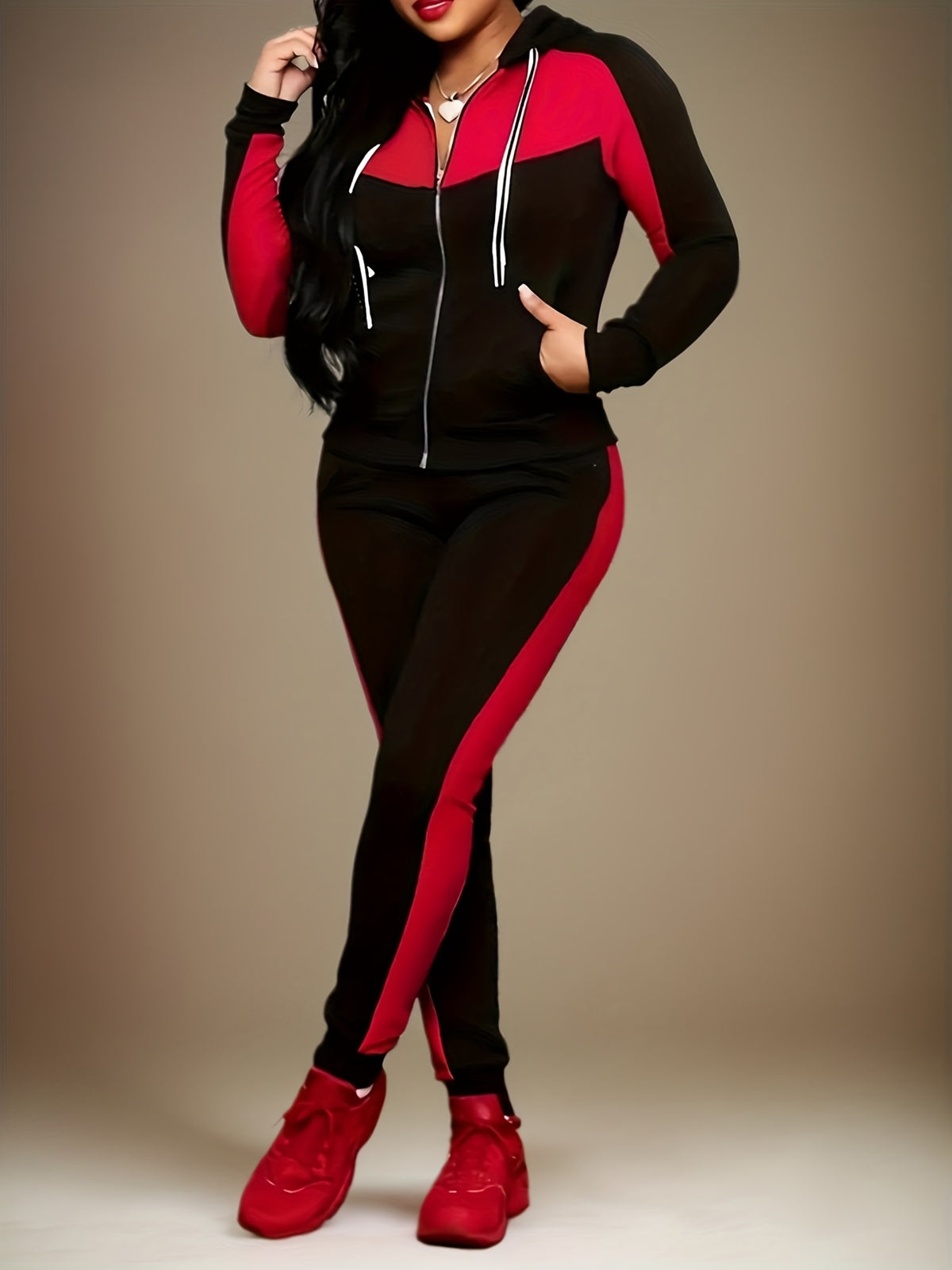Camo Zip Hoodie Tracksuit Set for Women Camouflage Print Sweatshirt Jogger Pants 2 Piece Casual Streetwear Long Sleeve Red Black S-XXL