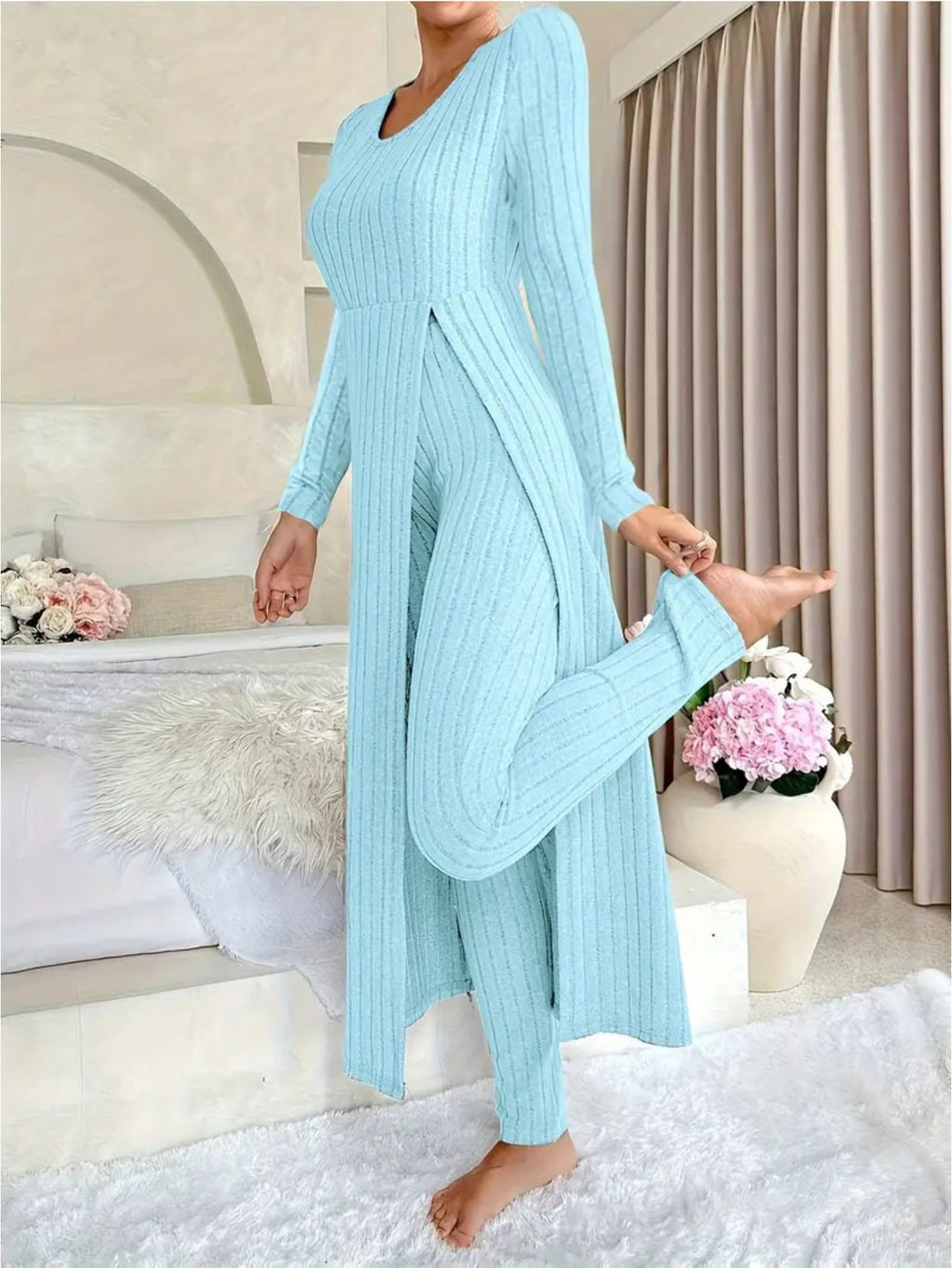 Heavyweight Fleece Lounge Set Women Oversized Long Sleeve Wide-Leg Pants Cozy Winter Two-Piece Ribbed Minimalist S-XL