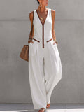 Color-block Wide-Leg Jumpsuit Women Zipper Waist-Cinching Elegant Relaxed Vacation Date Chic One Piece S-XXL