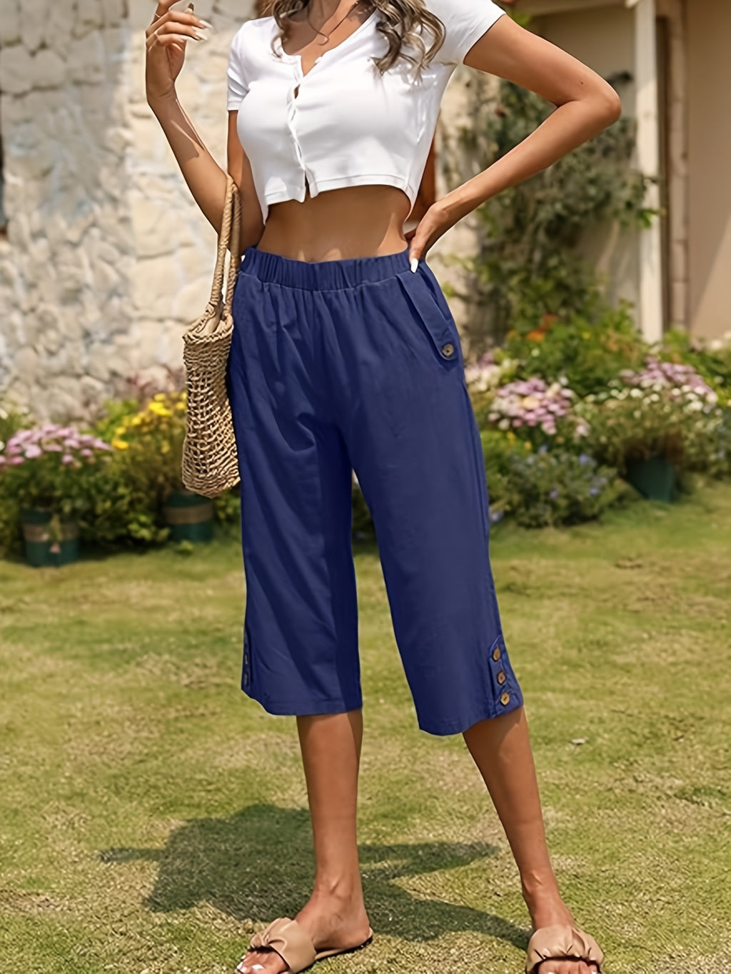 Casual Summer Capri Pants for Women – Elastic Waistband with Pockets, Lightweight Comfortable Cropped Trousers for Work Leisure Beach Vacation Everyday Wear, Versatile Relaxed Bottoms S-XXL