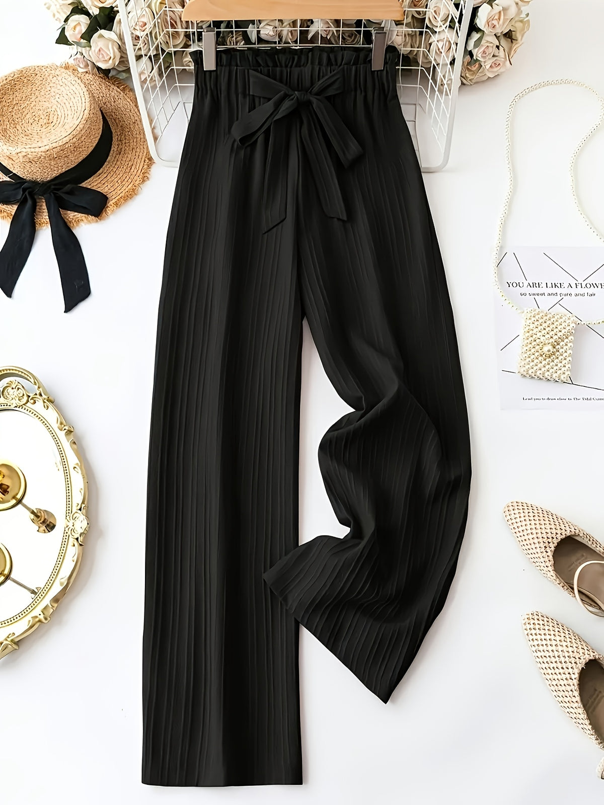 Pleated Wide Leg Pants Women 3 Pack Bow Elastic Waist Loose Straight Leg Long Trousers Spring Summer Daily Commute Casual Versatile S-XXL