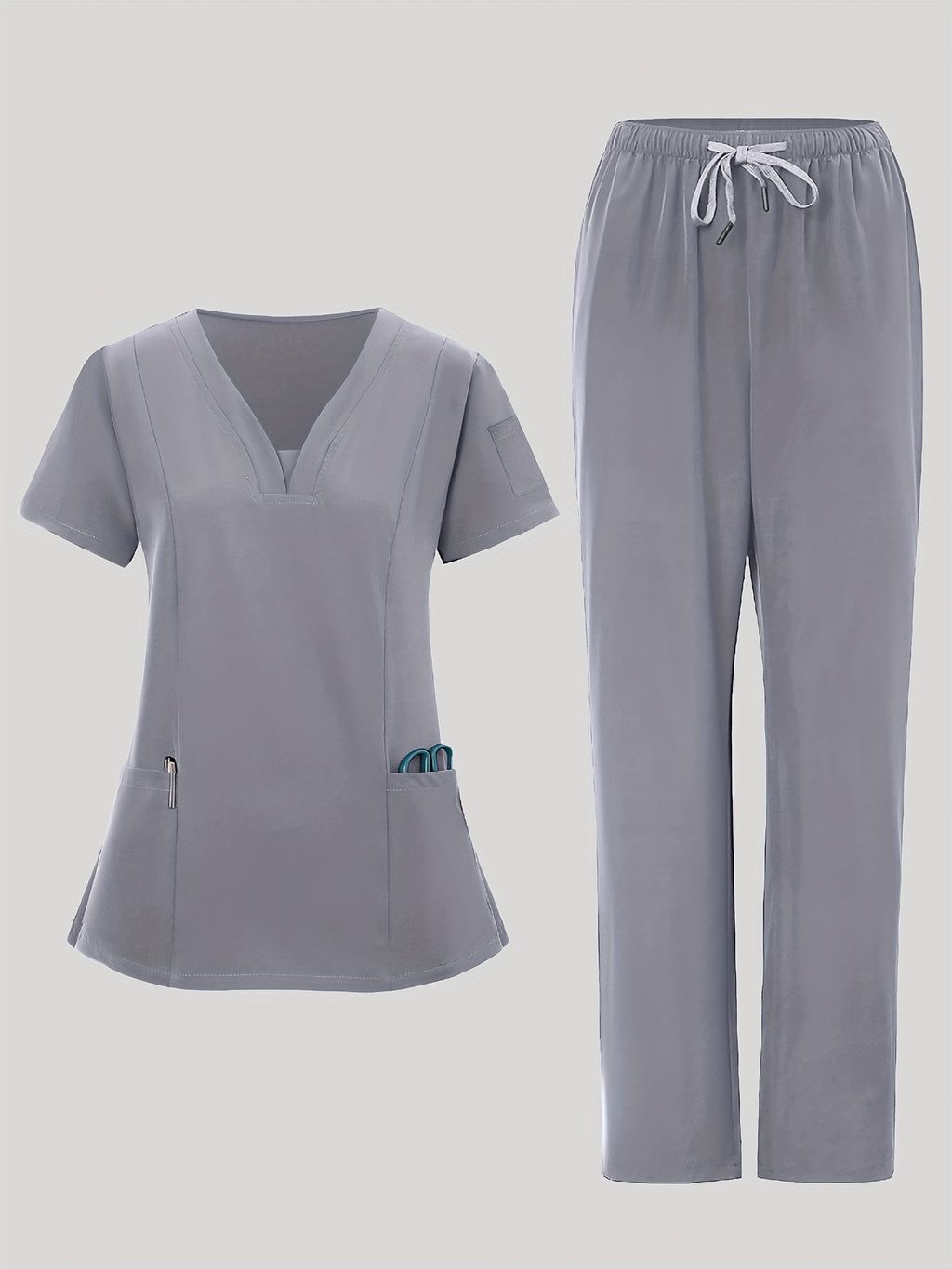 2pcs Women's V-Neck Work Uniform Set Breathable Pocket Top & Pants - Machine Washable Matching Scrub Suit for Healthcare, Education, Retail Casual Professional Attire