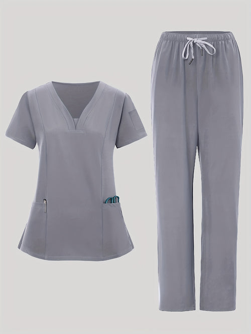 2pcs Women's V-Neck Work Uniform Set Breathable Pocket Top & Pants - Machine Washable Matching Scrub Suit for Healthcare, Education, Retail Casual Professional Attire