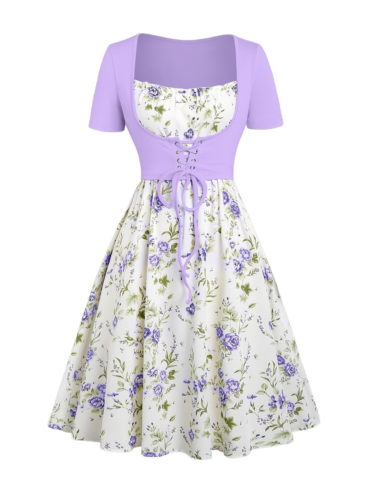 Women Floral Print Cami Dress and Lace Up Crop Top 2 Piece Set Sleeveless Waisted Summer Vacation Beach Casual Matching Outfit