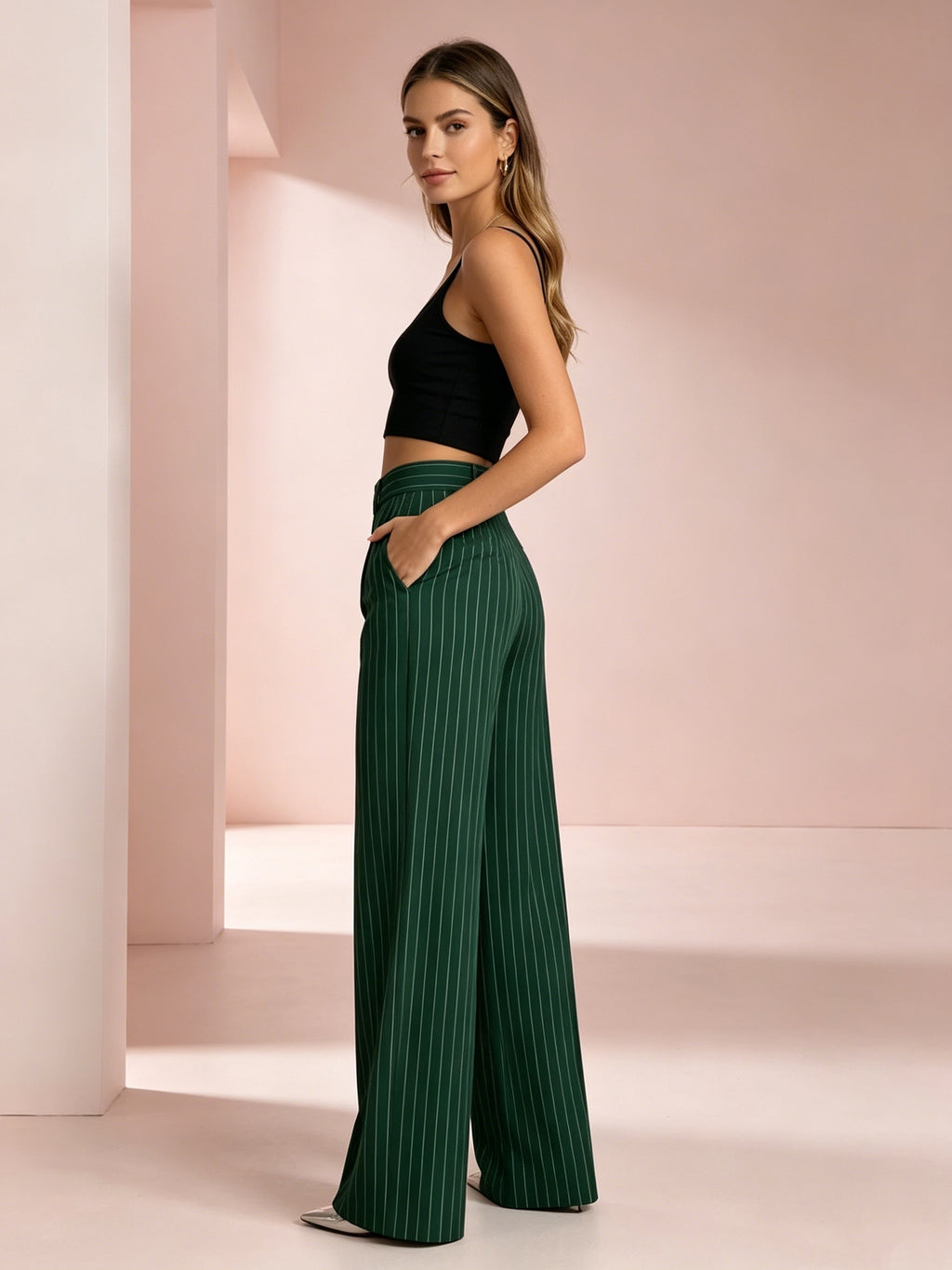 Striped Wide Leg Pants 2 Piece Set Women - High Waist Loose Fit Elegant Casual Outfit with Asymmetrical Pockets, All Season Polyester Machine Washable Work & Daily Fashion Set
