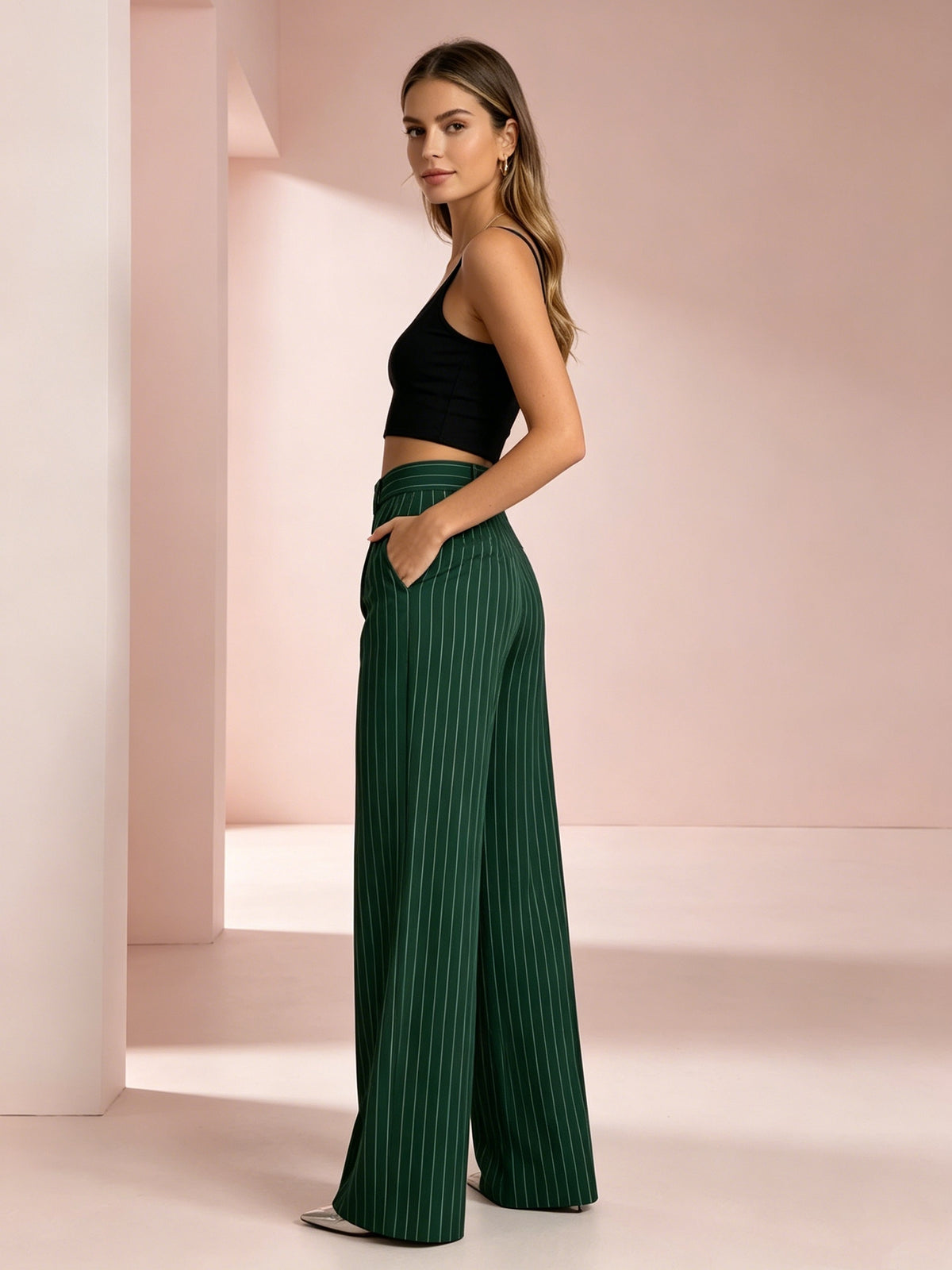 Striped Wide Leg Pants 2 Piece Set Women - High Waist Loose Fit Elegant Casual Outfit with Asymmetrical Pockets, All Season Polyester Machine Washable Work & Daily Fashion Set