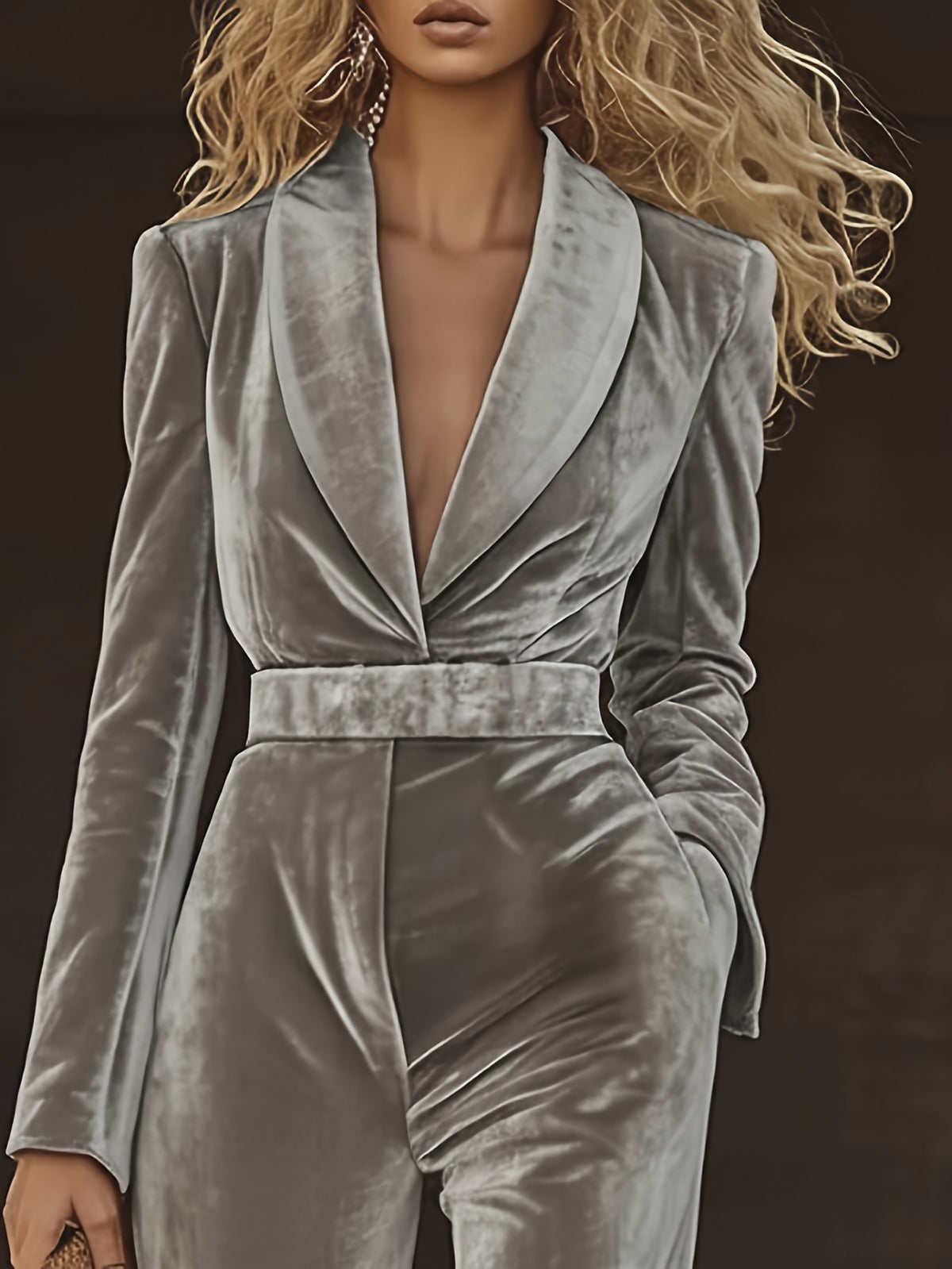 Velvet Wide Leg Jumpsuit Women Suit Collar Belt Khaki Elegant One Piece Outfit Daily Wear Party Holiday Fashion