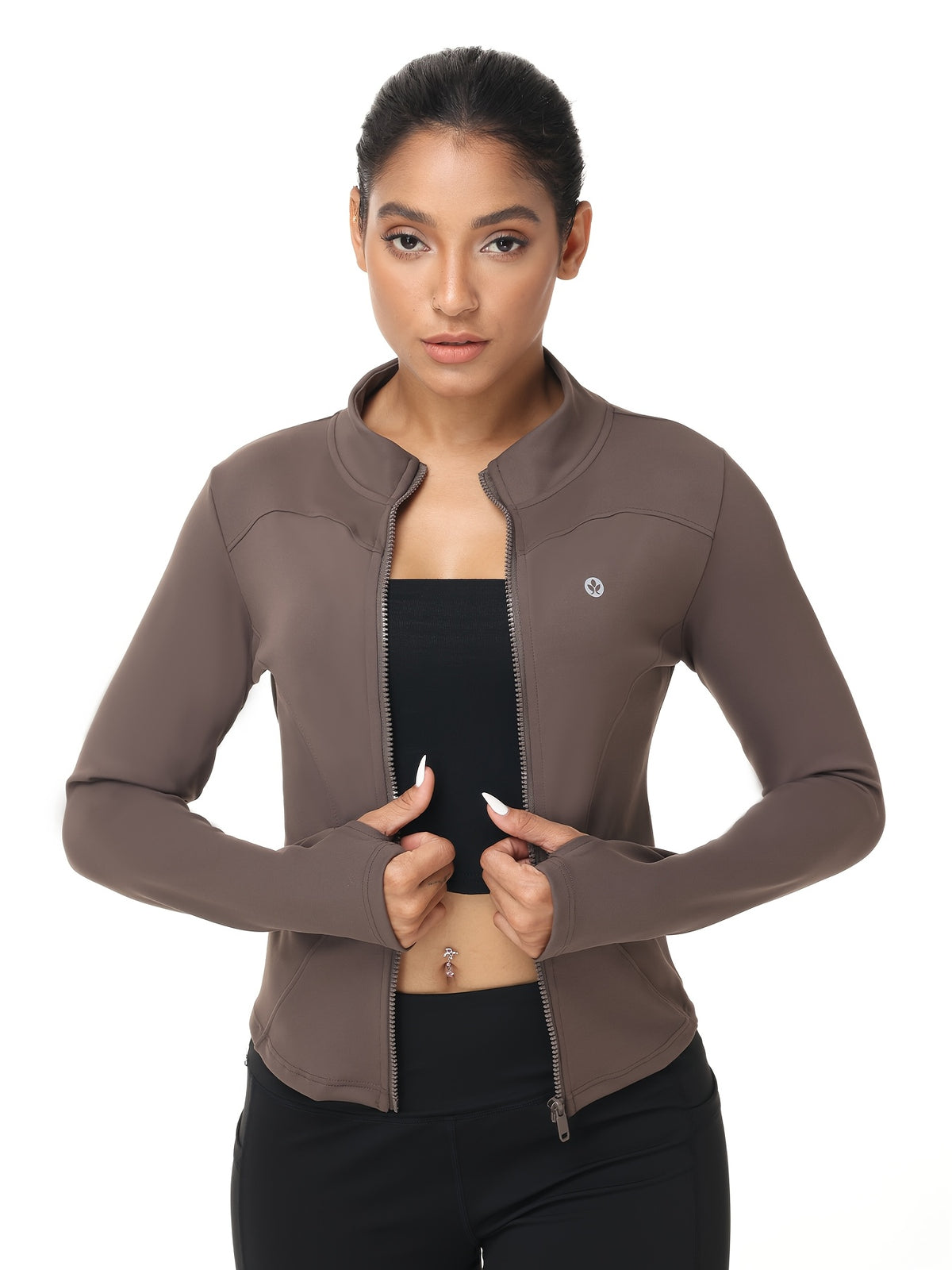 Women Zip Up Workout Jacket Thumb Holes Lightweight Moisture Wicking Slim Fit Sportswear Black Camel S-XL