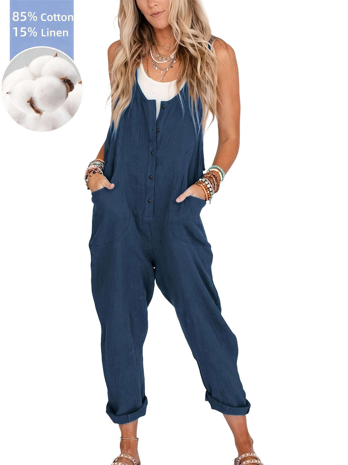 Linen Overalls Women Loose Casual Backless Jumpsuit with Pockets Sleeveless Scoop Neck Spring Summer Fall Multi Colors XS-XXL