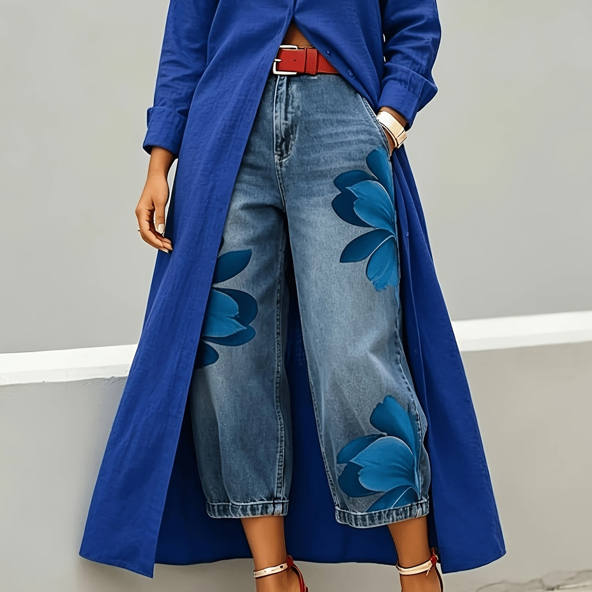 Floral Print Denim Wide Leg Pants Women Loose Fit Summer Casual Comfortable Boho Beach Trousers S-XXL