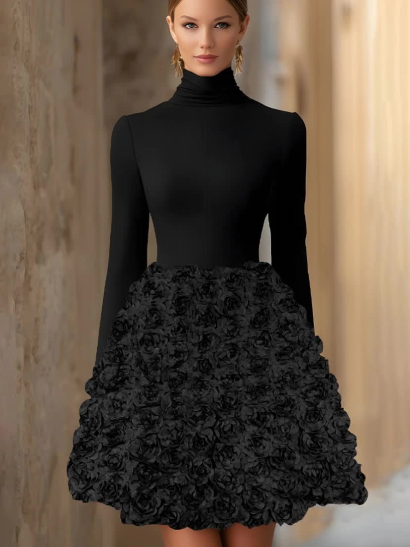 3D Rose Mini Dress for Women High Neck Retro Elegant Court Style Formal Dinner Party All Season Evening Dress