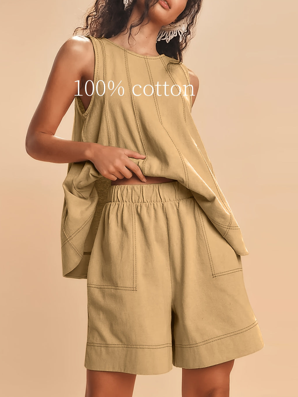 Women's 2-Piece Matching Set Sleeveless Tank Top & High Waist Shorts with Pockets Contrast Stitching