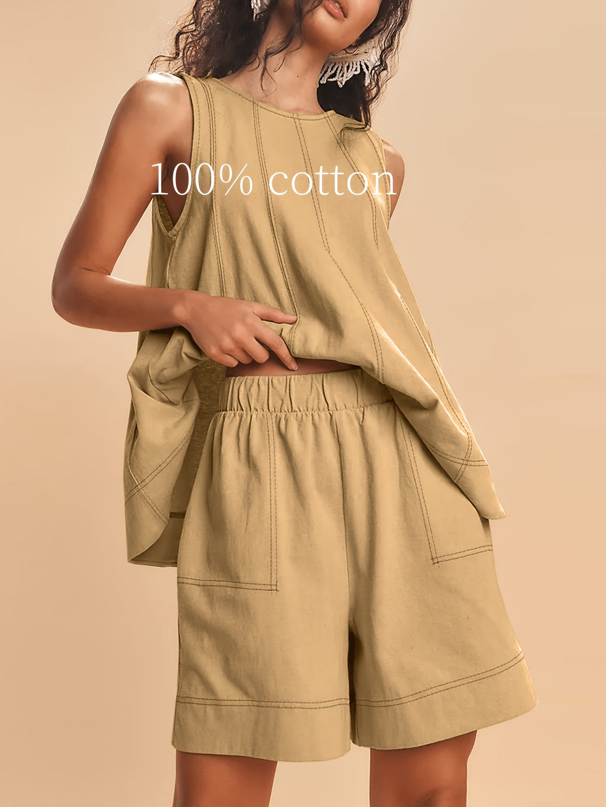 Women's 2-Piece Matching Set Sleeveless Tank Top & High Waist Shorts with Pockets Contrast Stitching