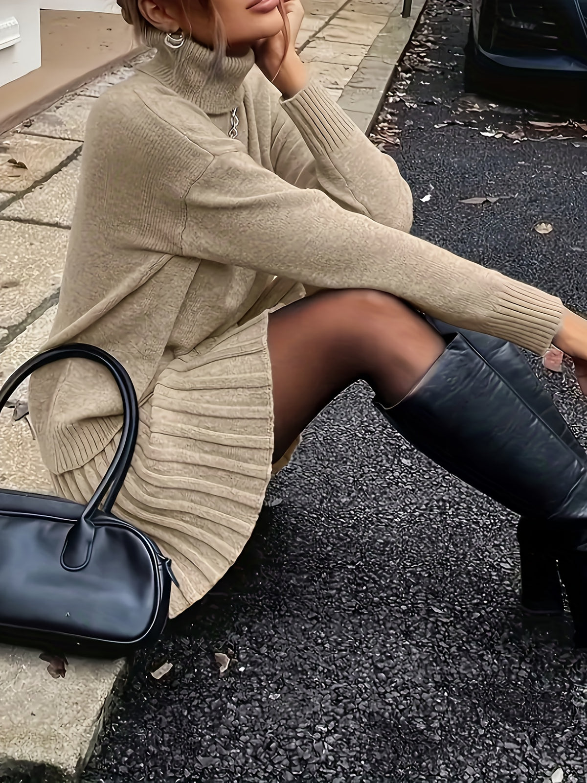 High-Neck Sweater Pleated Skirt Two-Piece Set Women Elegant Drop Shoulder Long Sleeve | Chic Knit Top + Pleated Skirt Co-Ord for Fall Winter Office & Daily Wear