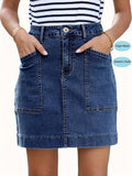 Women High Waist Denim Mini Skirt Skater Style with Large Pockets Casual Summer Stretch Solid Color