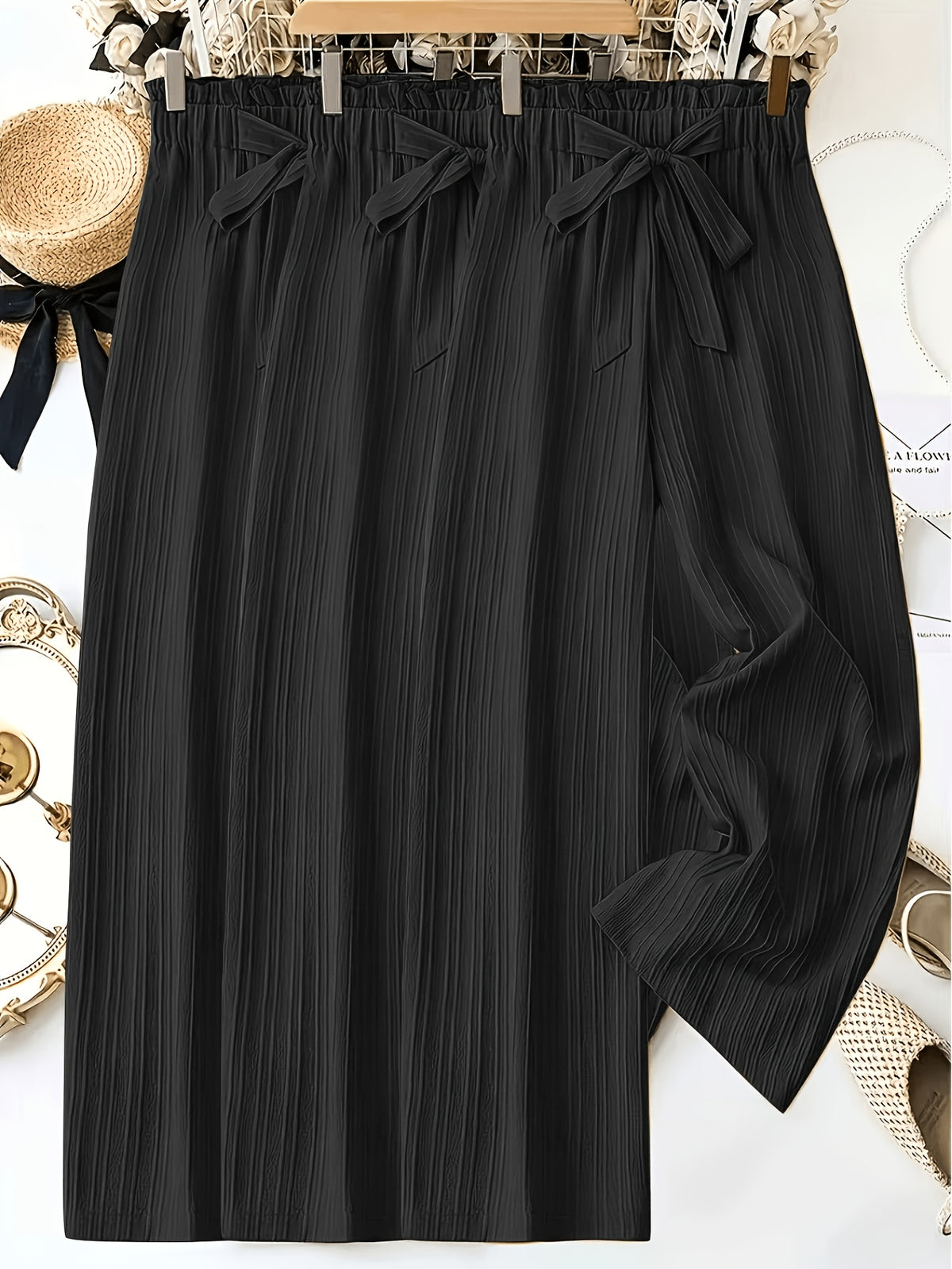 Pleated Wide Leg Pants Women 3 Pack Bow Elastic Waist Loose Straight Leg Long Trousers Spring Summer Daily Commute Casual Versatile S-XXL