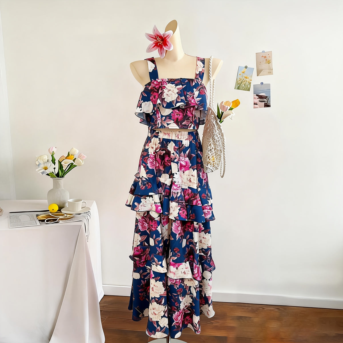 Boho Floral Print Halter Peplum Top and Cake Skirt 2pcs Set Women Beach Vacation Holiday Casual Spring Summer S-XXL