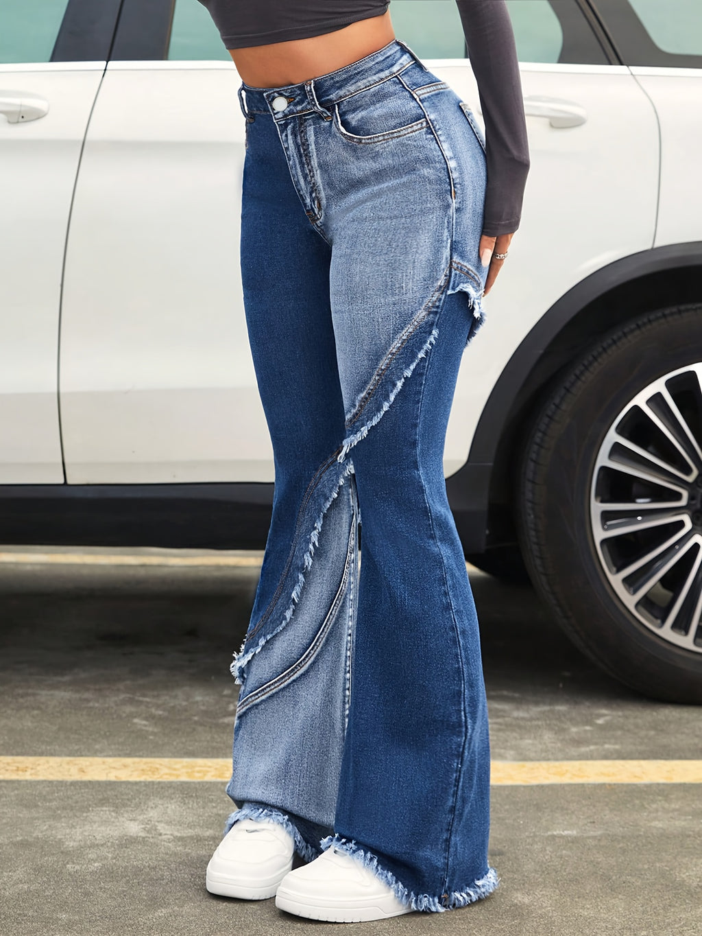High Waist Flared Jeans Women Stretchy Denim Two Tone Washed Blue Frayed Cut Out Y2K Street Style Wide Leg Denim Pants Medium Blue S-XXL