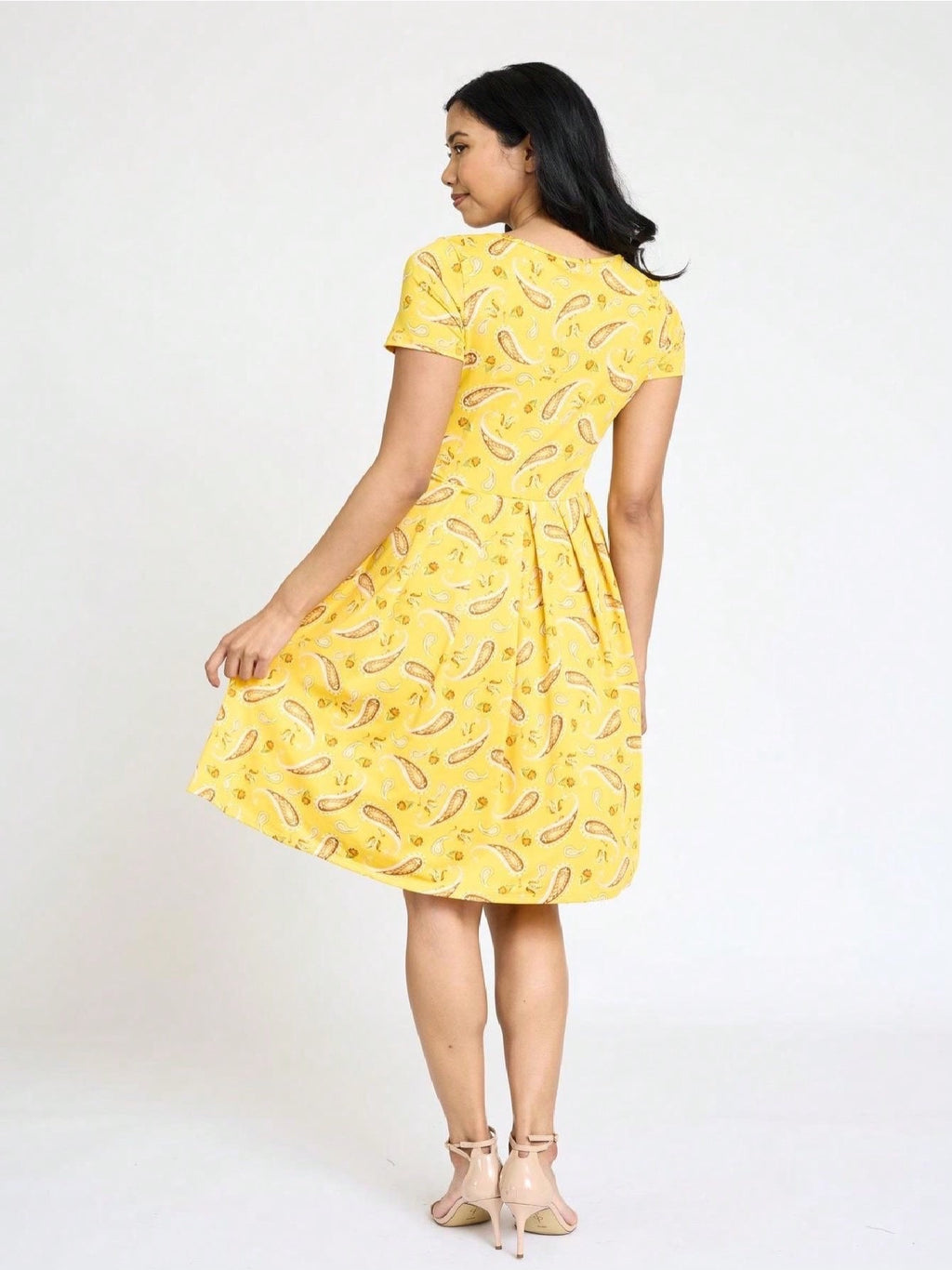 Paisley Floral Swing Dress Women Chevron Stripe Patchwork Pleated Square Neck Elastic Waist Midi Casual Plus Size S-3X