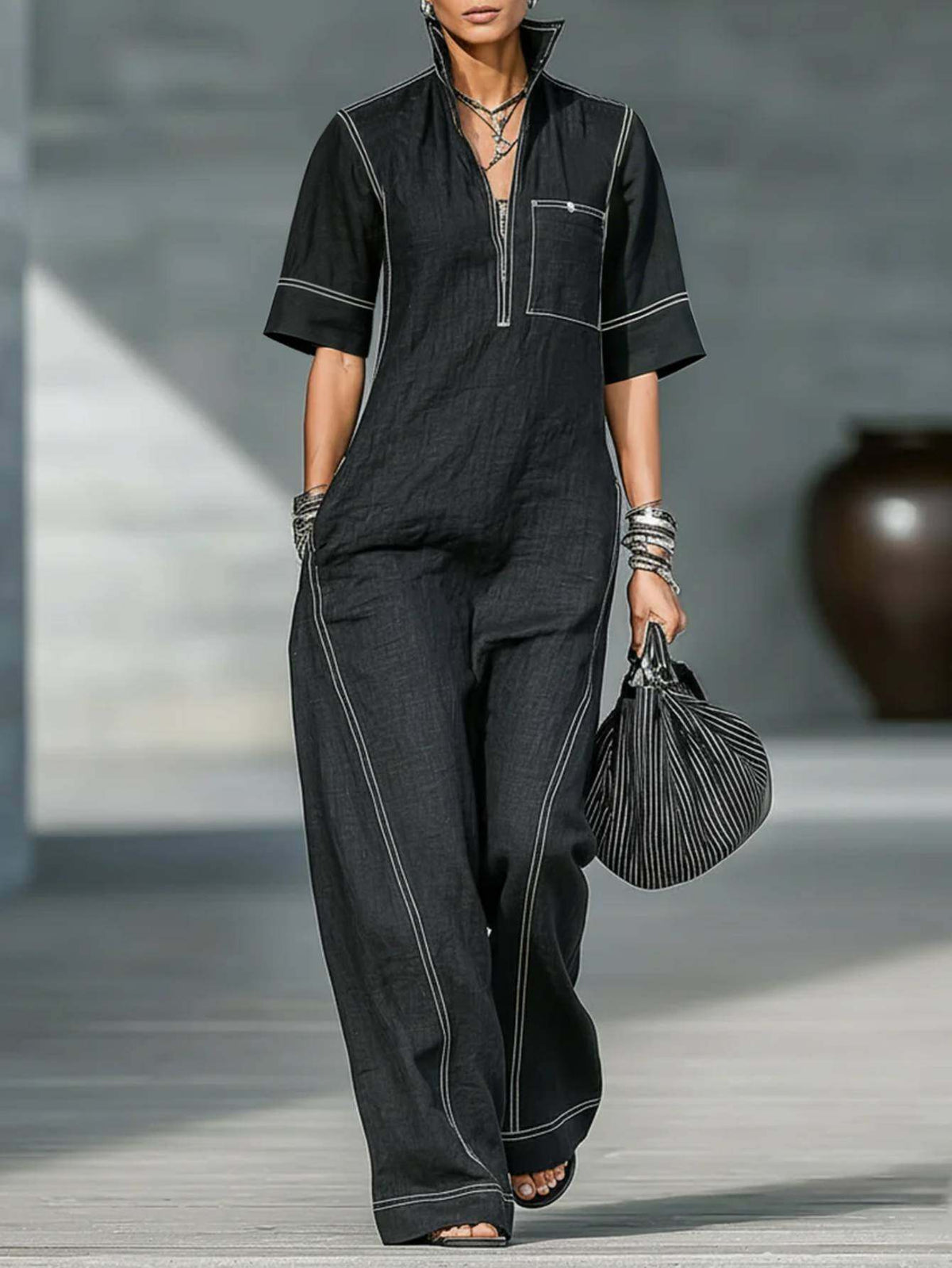 Wide-Leg Jumpsuit for Women White Line Decorative Sleeveless Elegant Street Style Casual One Piece Outfit Summer Fashion S-XXL
