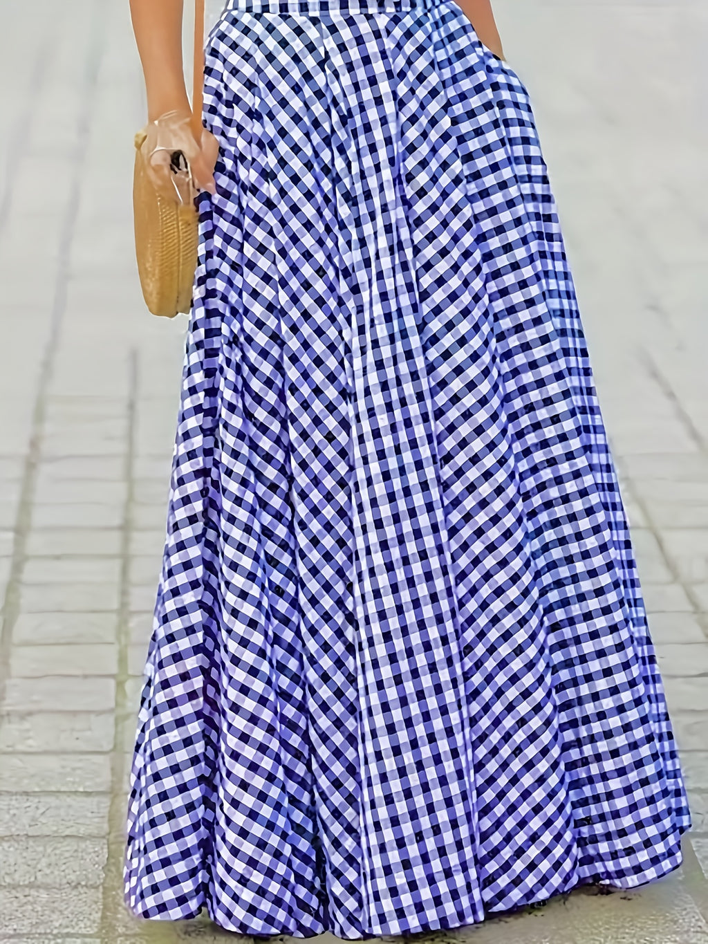 Plaid High Waist A-Line Midi Skirt for Women Checkered Woven Opaque Flowing Mid Length Skirt Spring Fall Casual Streetwear Blue White Black White S-XXL
