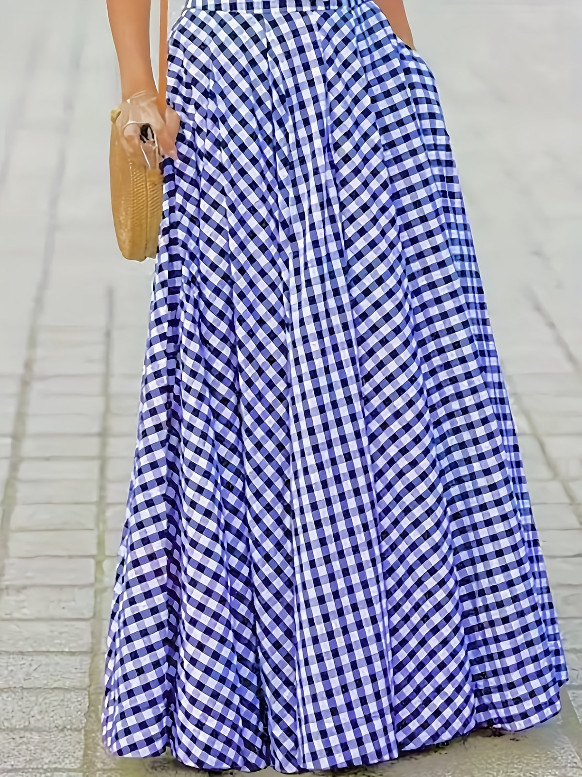 Plaid High Waist A-Line Midi Skirt for Women Checkered Woven Opaque Flowing Mid Length Skirt Spring Fall Casual Streetwear Blue White Black White S-XXL